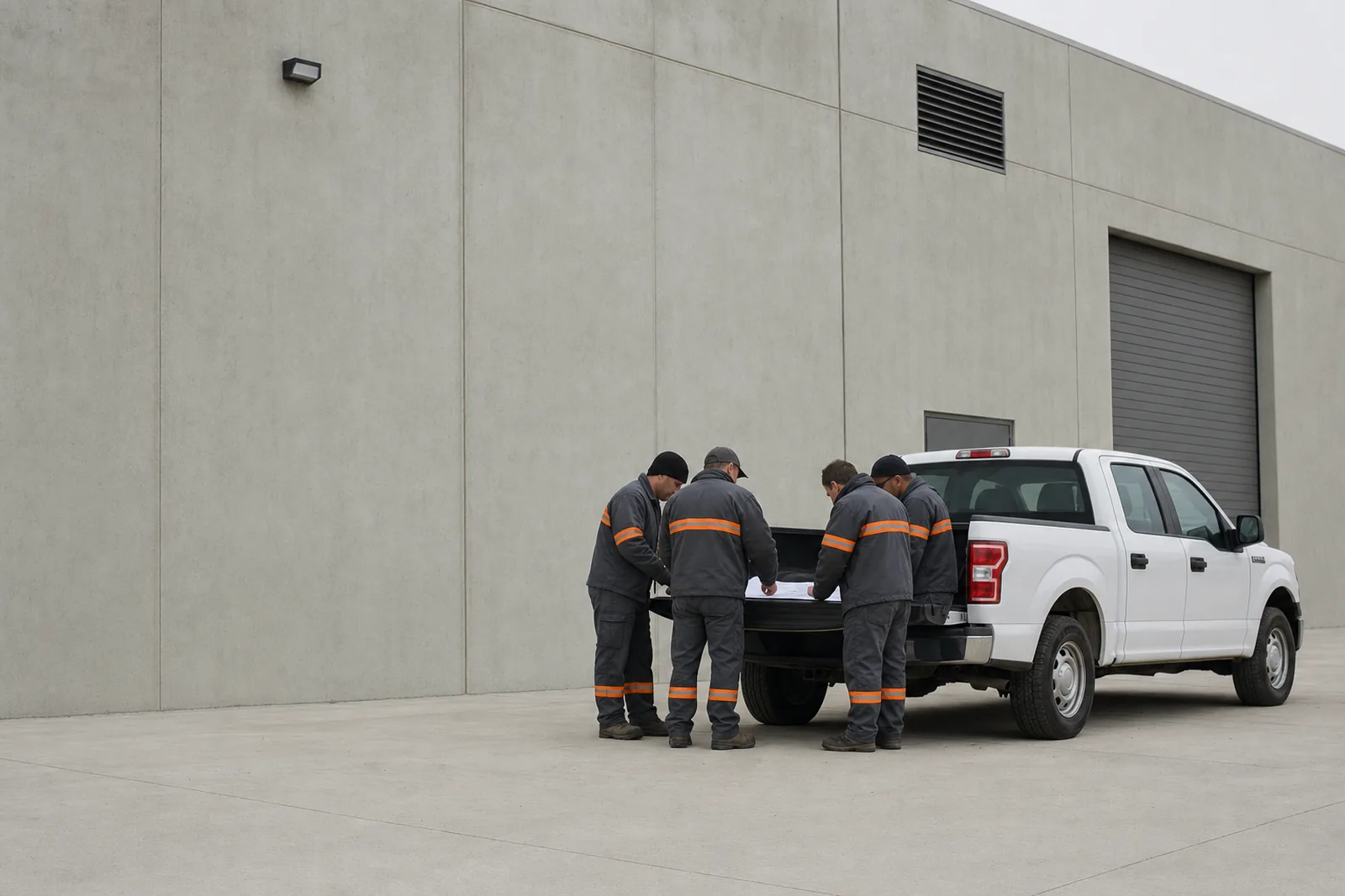 Cuadrilla de mantenimiento de ARCUMA Facilities revisando un plano junto a su camioneta de trabajo
