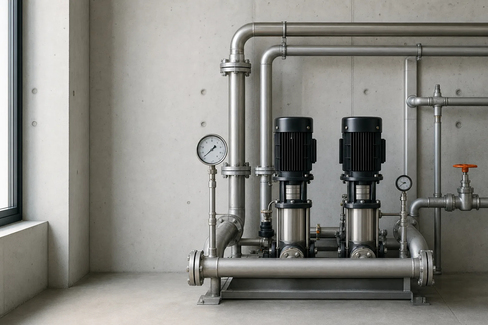Cuarto de máquinas con bombas de agua de acero inoxidable y tubería instalada