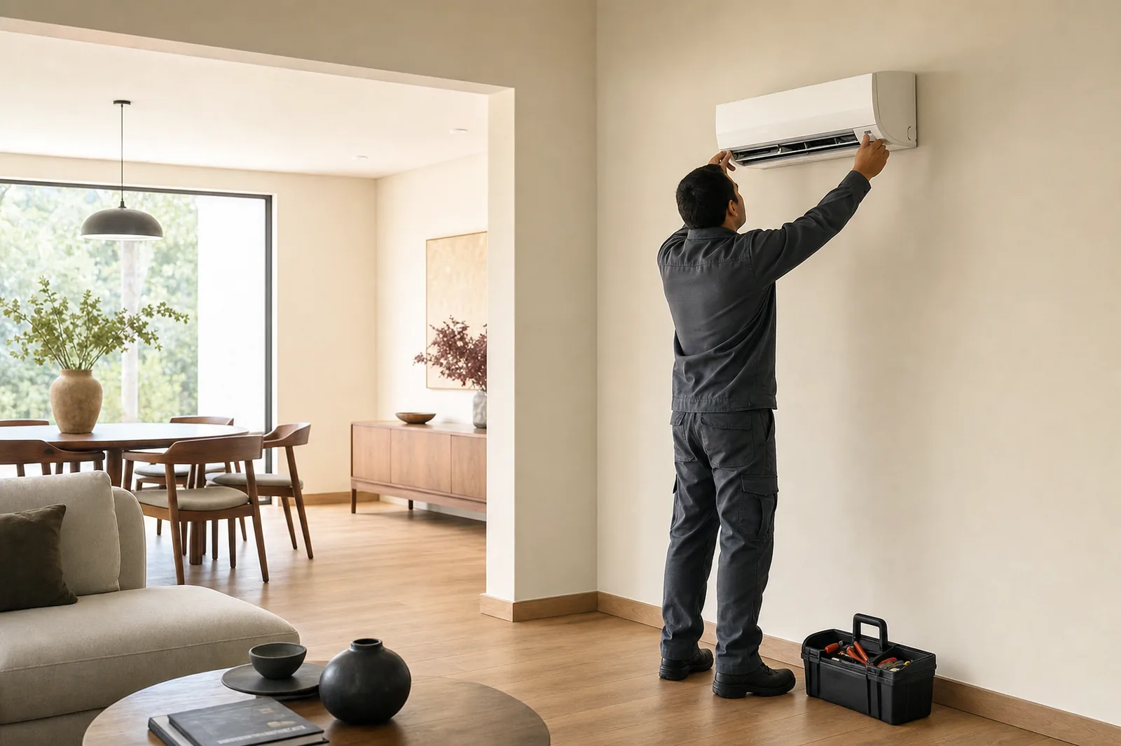 Técnico dando mantenimiento a un minisplit en la sala de una casa